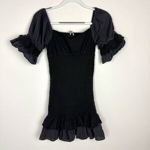 Dissh Smocked Bodycon Milkmaid Puff Sleeve Mini Dress Black